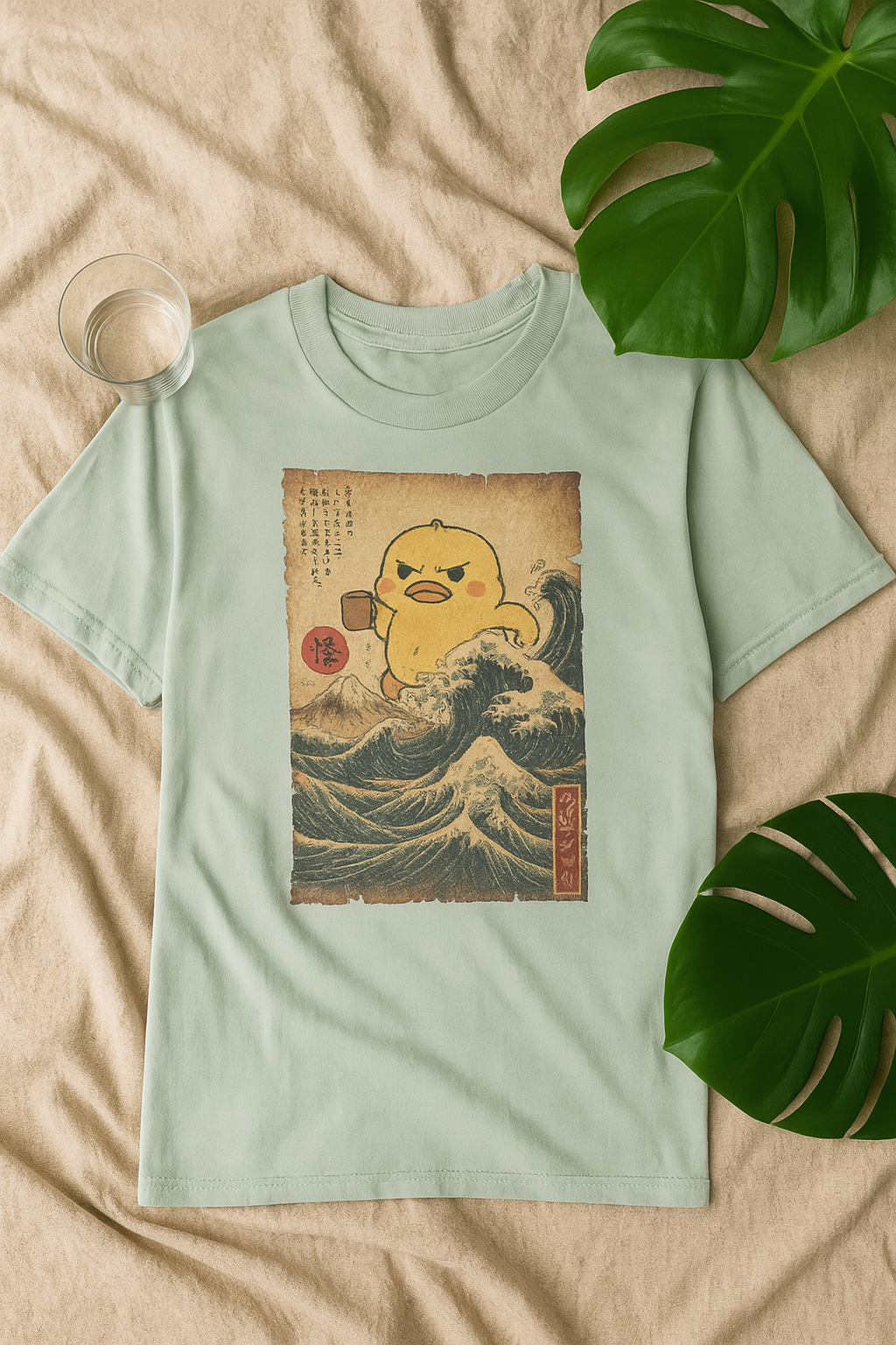Light green t-shirt with a graphic design of a duck in a wave on a beige surface with leaves.